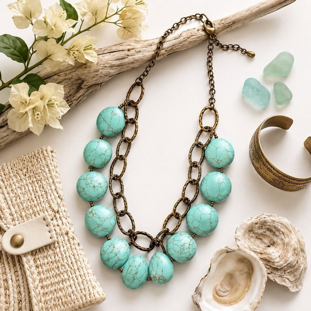 Premier Designs Turquoise Statement Necklace Bronze Link Boho Southwestern